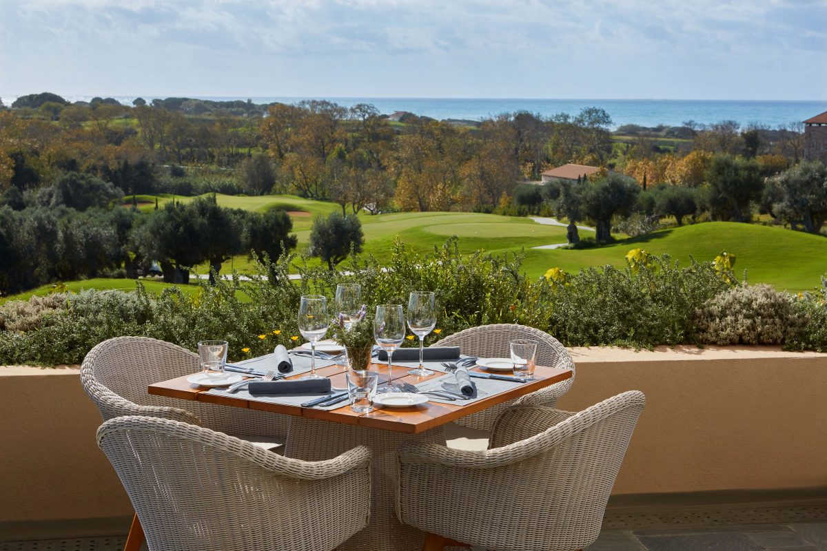 The terrace at Flame, the steak restaurant at Costa Navarino, Greece