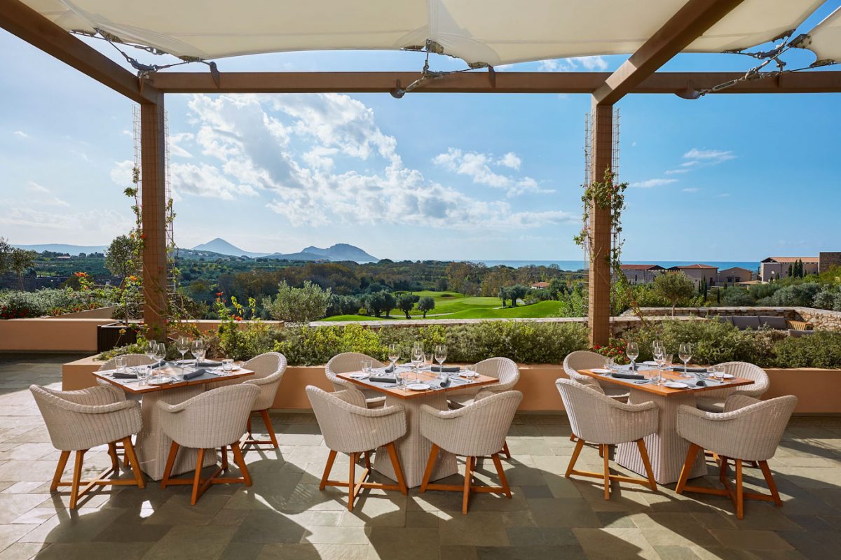 The terrace at Flame, the steak restaurant at Costa Navarino, Greece