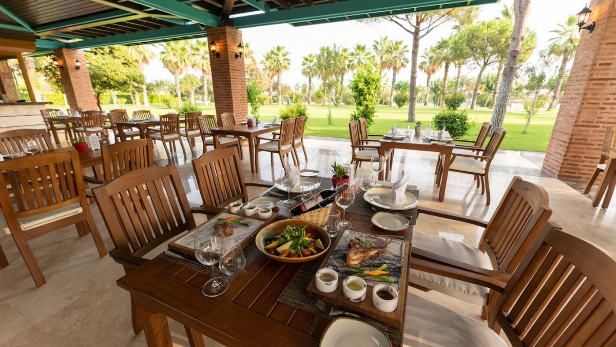 Terrace dining at Gloria Golf Resort, Belek, Turkey
