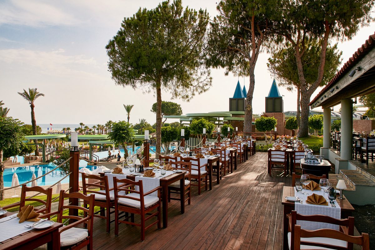 Terrace dining at Gloria Verde Hotel, Belek, Turkey