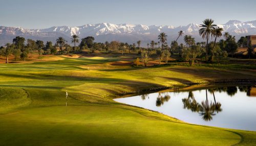 The Atlas Mountains form the backdrop to Amelkis Golf Club, Marrakech