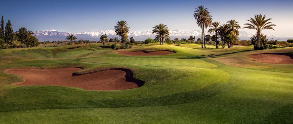 Bunkers surround this green at Amelkis Golf Club, Marrakech, Morocco