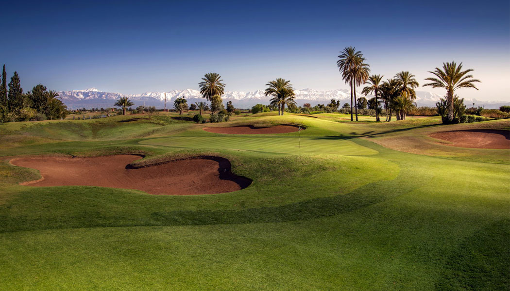 Bunkers surround this green at Amelkis Golf Club, Marrakech, Morocco