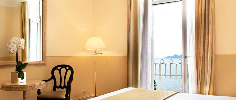 A Deluxe bedroom with lake view at Grand Hotel Bristol, Stresa, Italy