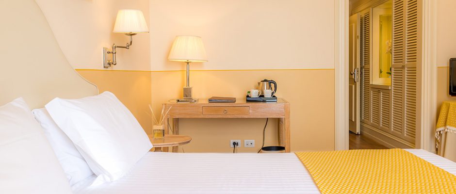 A double bedroom at Grand Hotel Bristol, Stresa, Italy