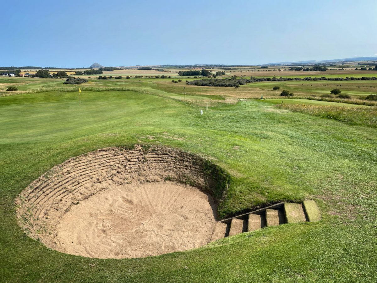 Steps down to this green side bunker at Gullane Golf Club, East Lothian, Scotland