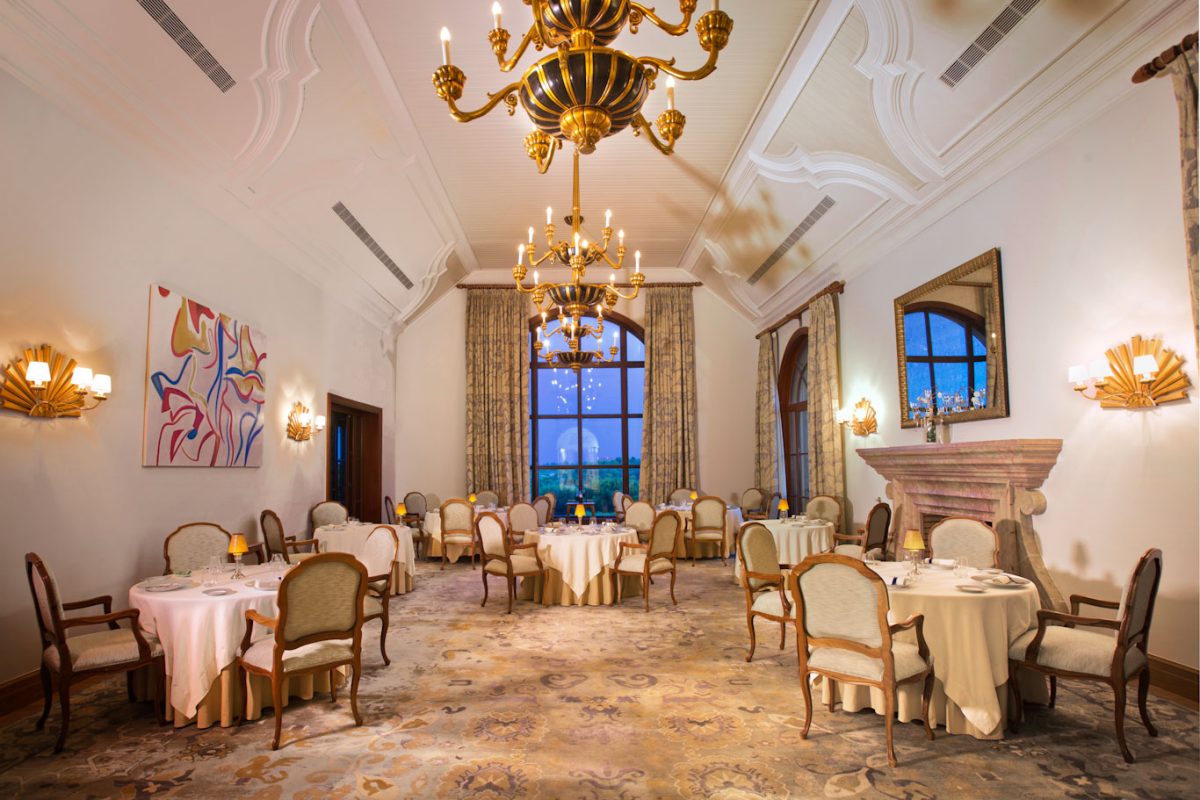 The supremely elegant dining room at Monte Rei Vistas restaurant, Eastern Algarve, Portugal
