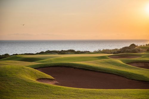 Bunkers surround this green on The Dunes course, Costa Navarino, Greece
