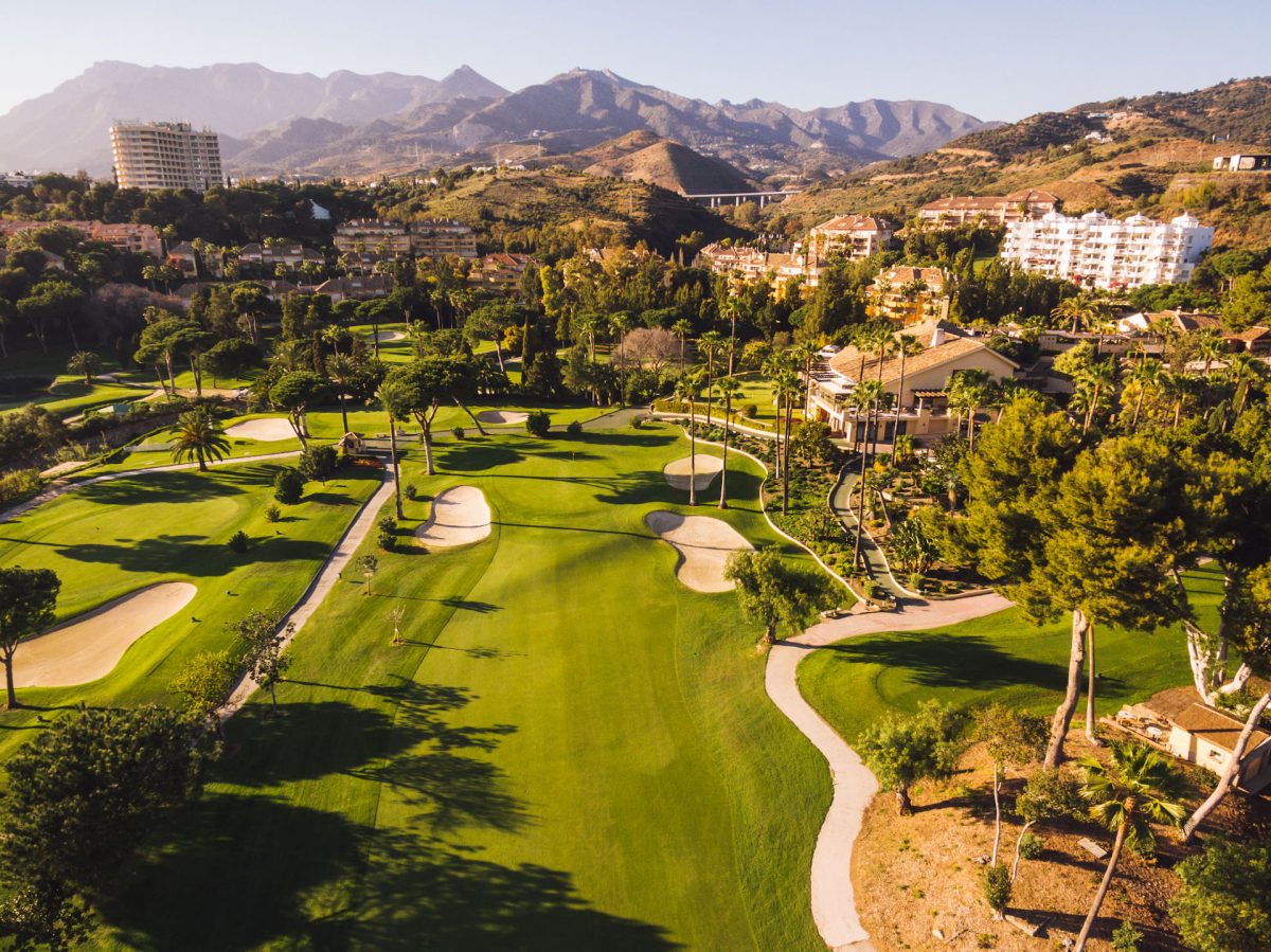 Bird's eye view at Rio Real Golf Course, Marbella, Costa del Sol, Spain. Golf Planet Holidays.