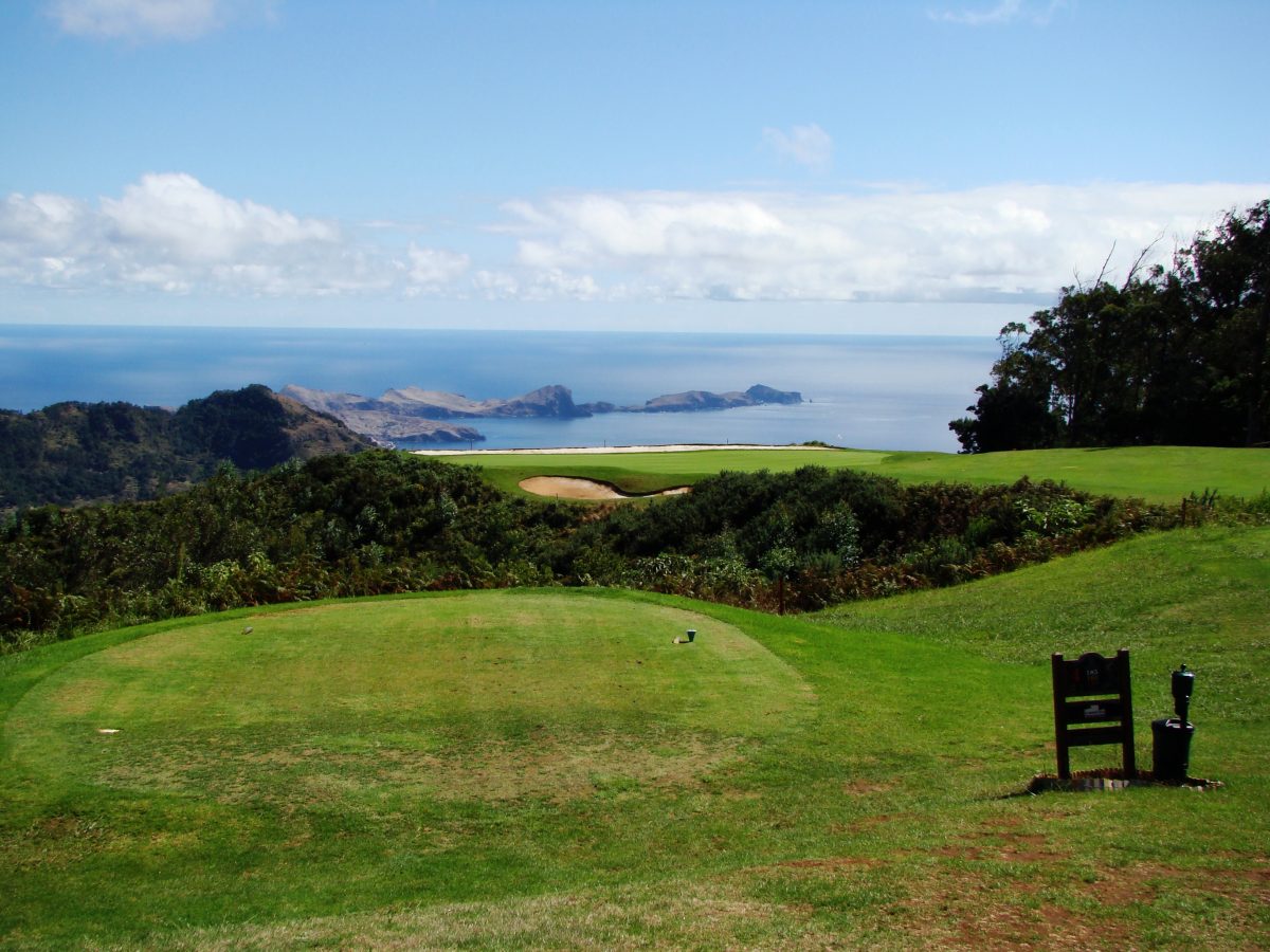 Teeing off with the sea in the distance at Santo da Serra Golf Course, Madeira