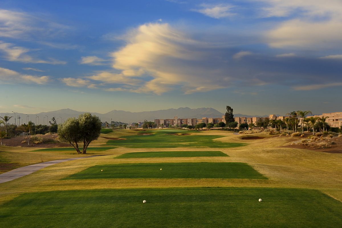 On the tee at The Montgomerie Marrakech Golf Club, Morocco. Gof Planet Holidays.
