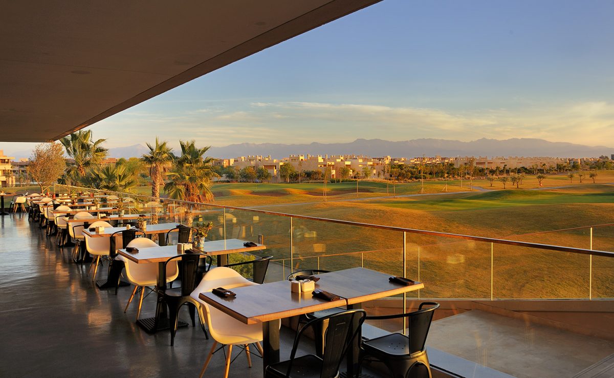 Drinks on the terrace at The Montgomerie Marrakech Golf Club, Morocco. Gof Planet Holidays.