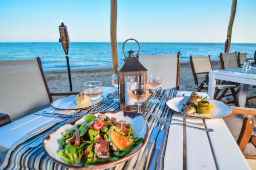 Dining on the beach at Thracian Cliffs, Golf Resort and Spa, Cape Kaliakra