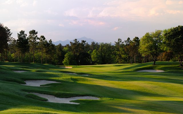 The approach to the twelth green at PGA Catalunya Golf Resort., Costa Brava, Spain