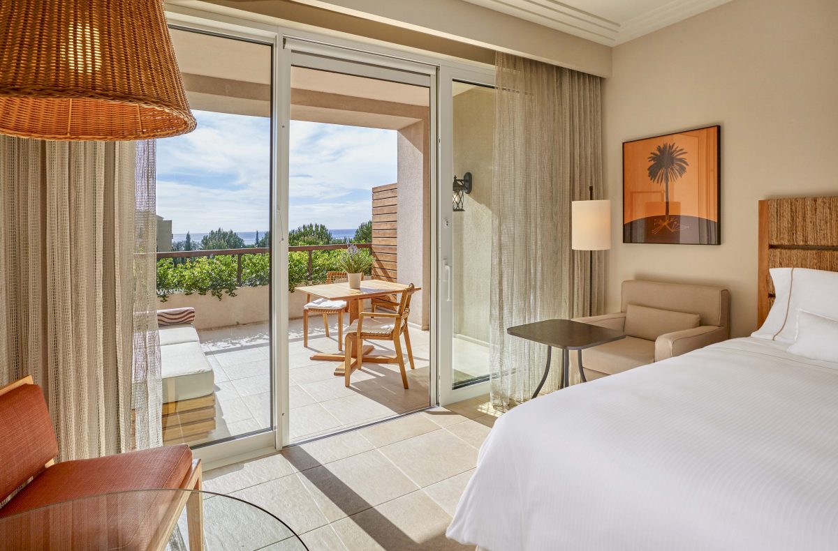 Large balcony and bedroom at Westin Resort Costa Navarino, Greece