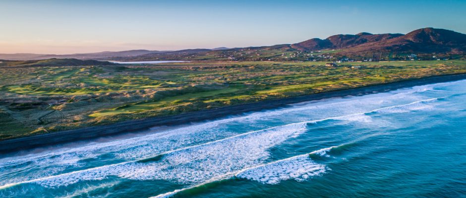 Aerial view from the sea over Ballyliffin Golf Club, Northern Ireland