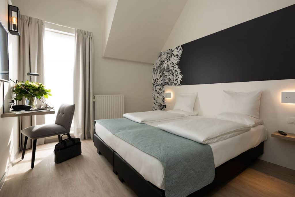 A double bedroom in Martin's Hotel, Bruges, Belgium