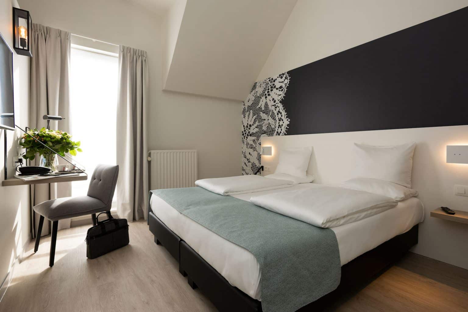A double bedroom in Martin's Hotel, Bruges, Belgium