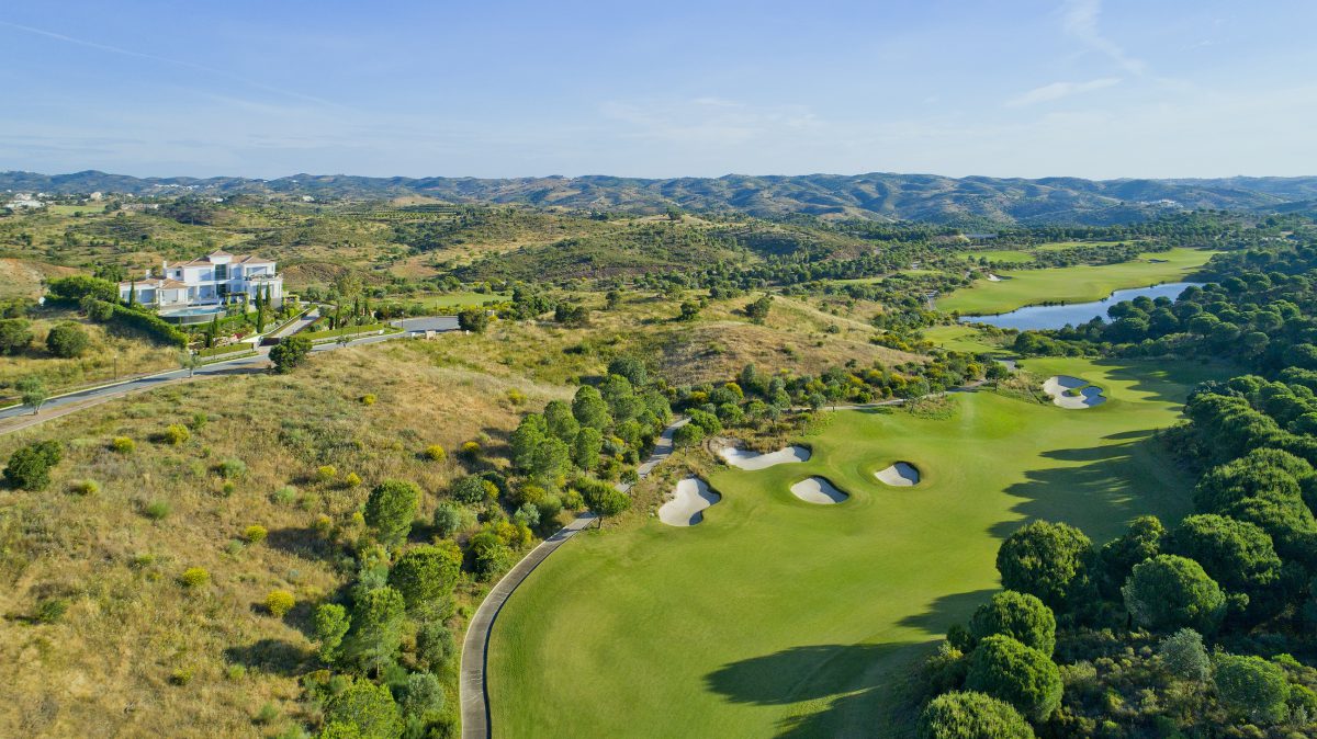 Bird's eye view of Monte Rei Golf Club, near Tavira, Eastern Algarve, Portugal