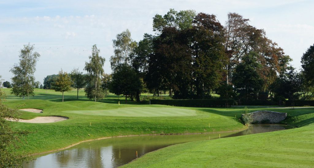 Over the water to the green at Pierpont Golf Club, near Waterloo, Belgium
