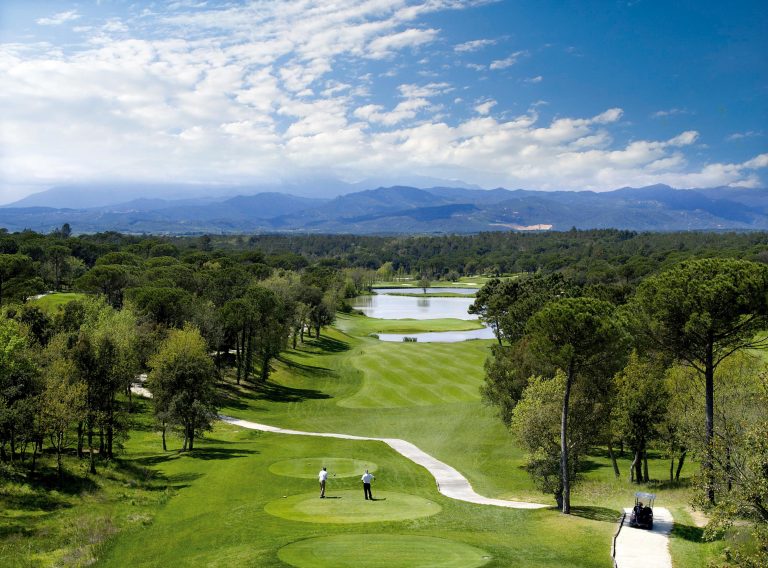 Aerial view of a tricky hole at PGA Catalunya Golf Resort, Costa Brava, Spain