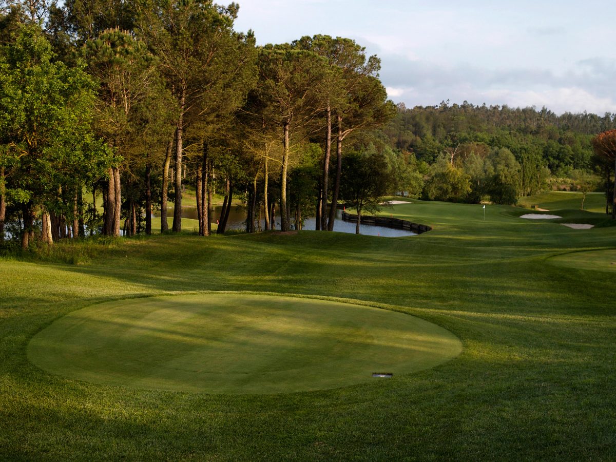 Bunkers to the right and water to the left on this par three at PGA Catalunya Golf Resort