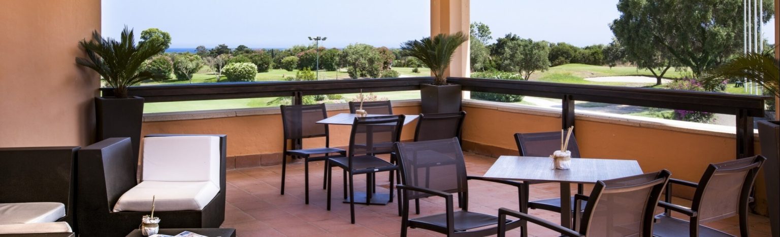 The club house terrace bar overlooking the Is Molas golf course