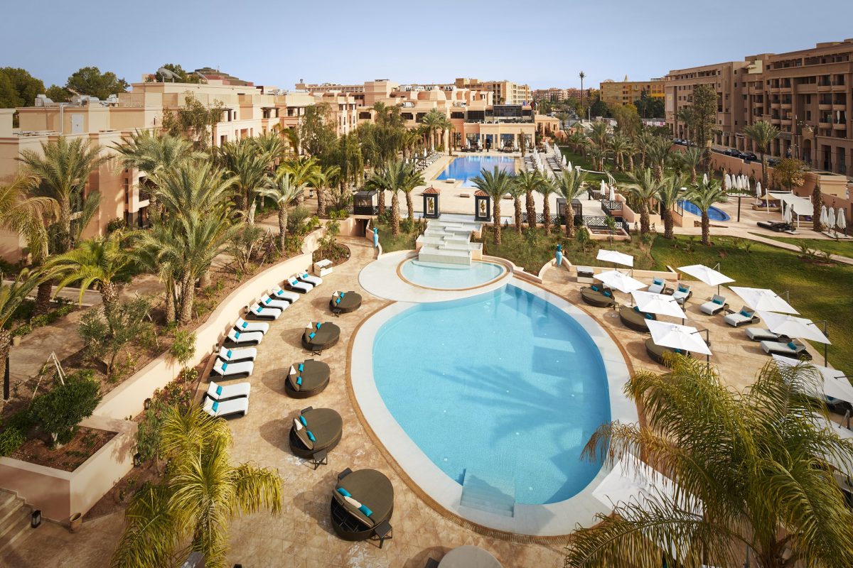 The swimming pools at Mövenpick Hotel Mansour Eddahbi, Marrakech, Morocco.