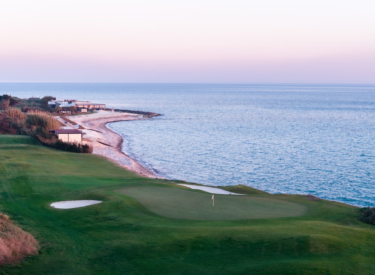 Aerial view of the Verdura golf course running along the Sicilian coastline