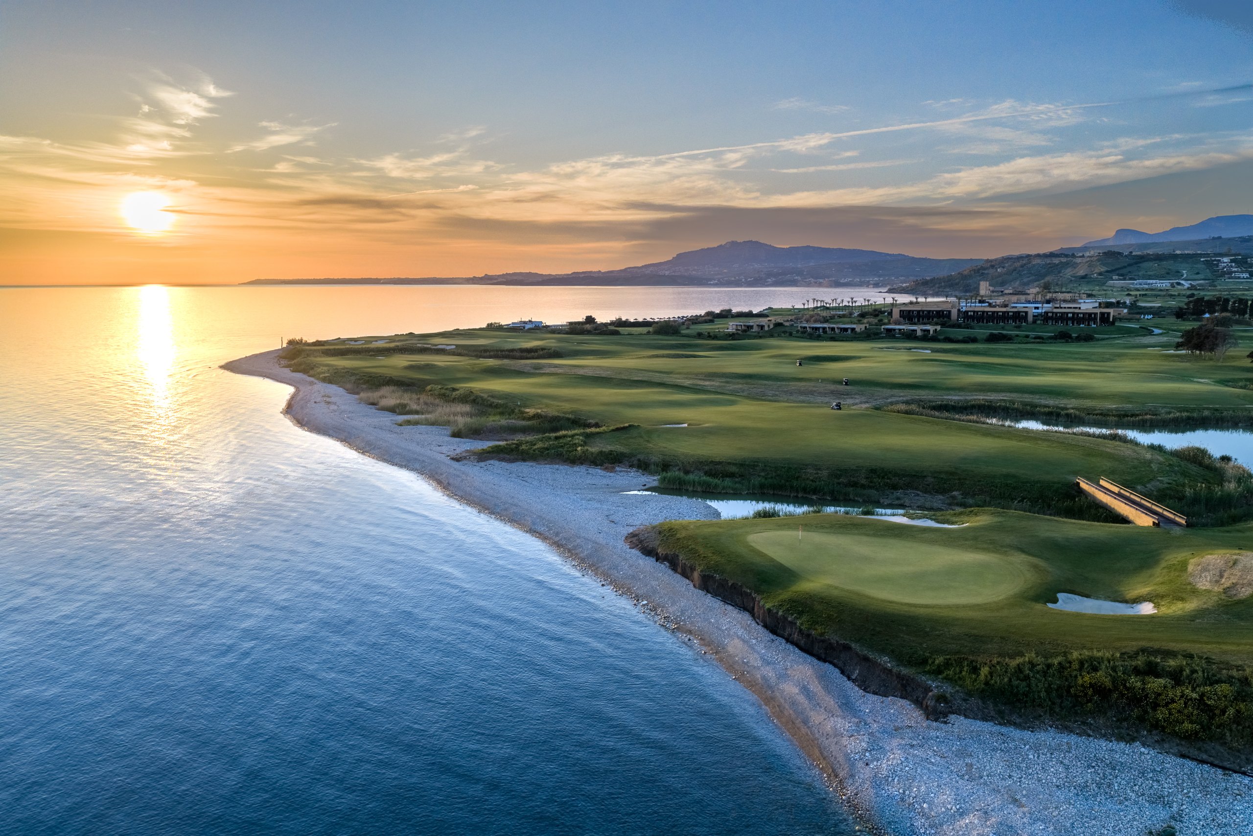 Sunset over the Mediterranean and the coastal golf links at Verdura, Sicily