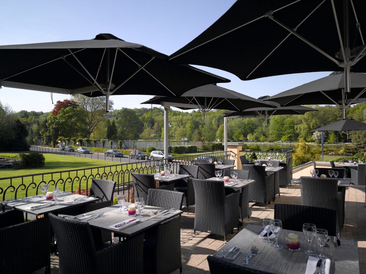 On the terrace at Martin's Chateau du Lac Hotel, Waterloo, Belgium