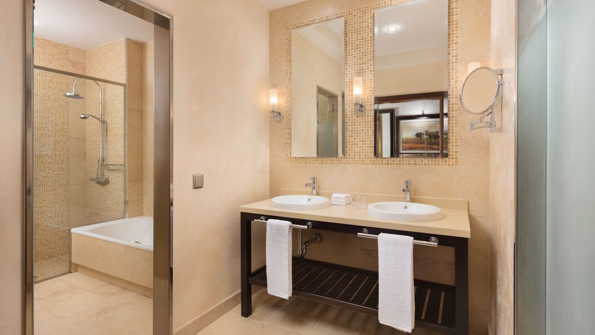 A standard bathroom at Sheraton Fuerteventura Beach Golf and Spa Resort