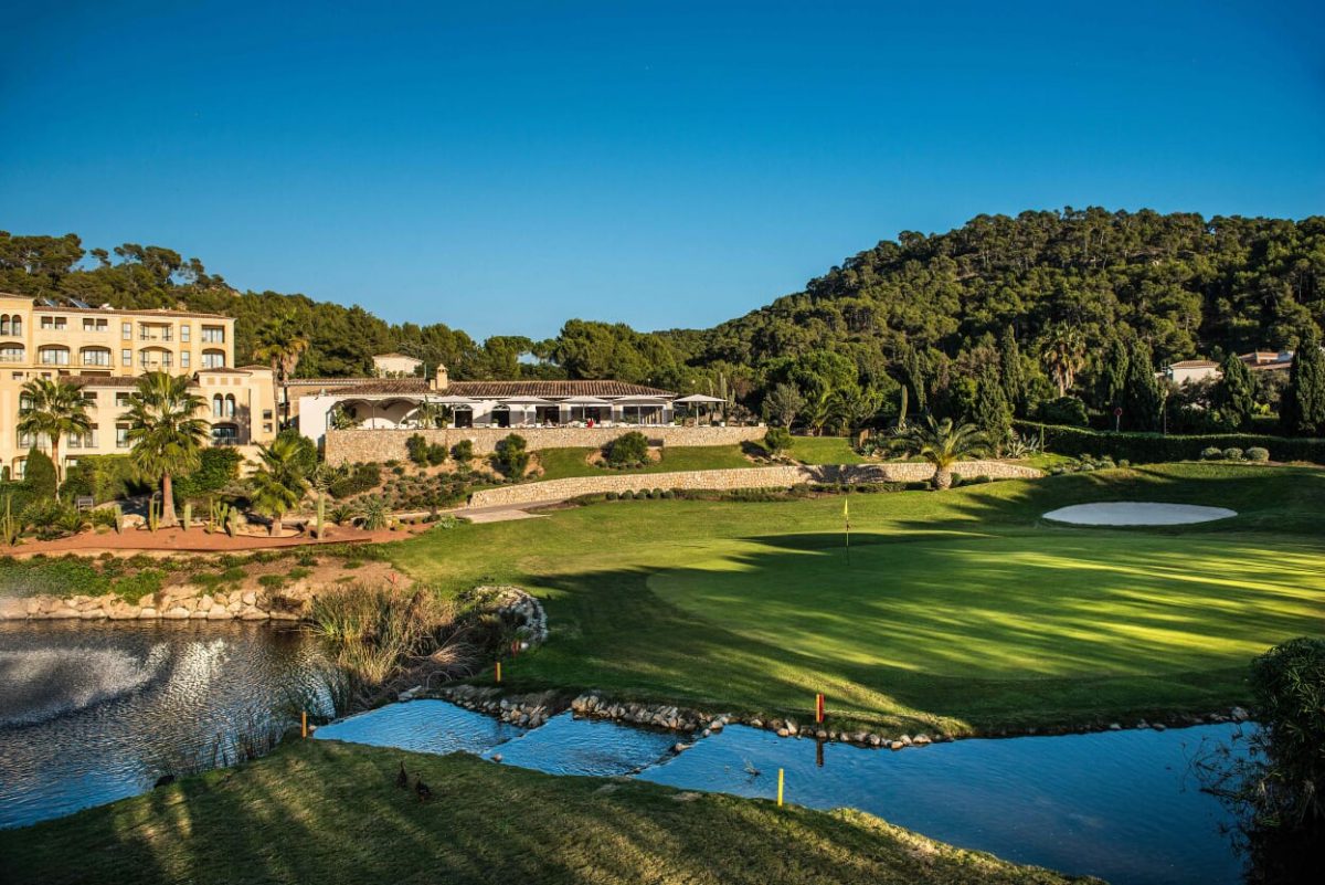 Water surrounds the 18th green at Golf de Andratx, Mallorca