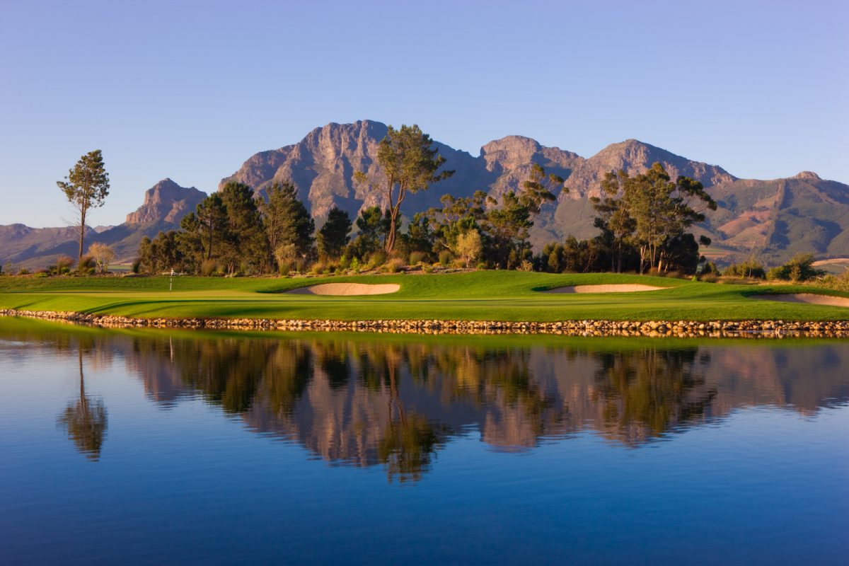 Mountain reflections on the water at Pearl Valley Golf Club, Paarl, South Africa