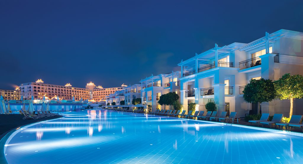Night lights over Titanic Deluxe Golf Resort, Belek, Turkey