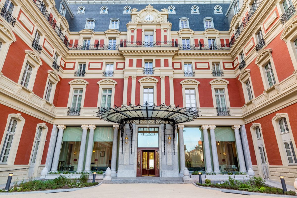 Outside the entrance to the Hotel du Palais, Biarritz, France. Step free access is available