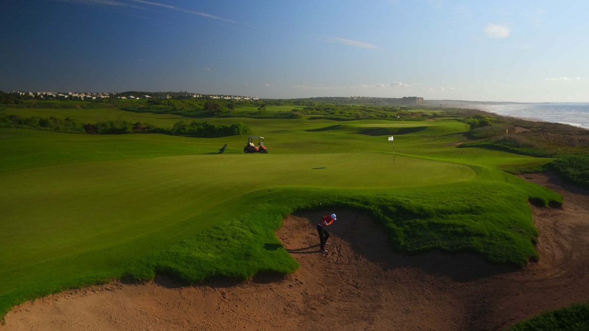 A tricky bunker shot at Mazagan Golf Course, Casablanca, Morocco
