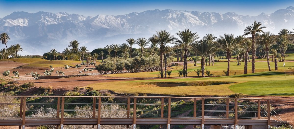 Palm trees and snow at Assoufid Golf Club, Marrakech, Morocco. Golf Planet Holidays.