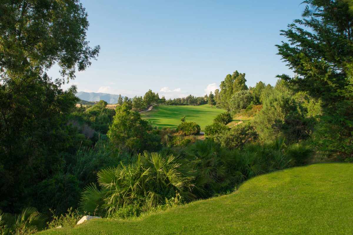 Elevated tee at Chaparral Golf Course, Marbella, Costa del Sol, Spain. Golf Planet Holidays.