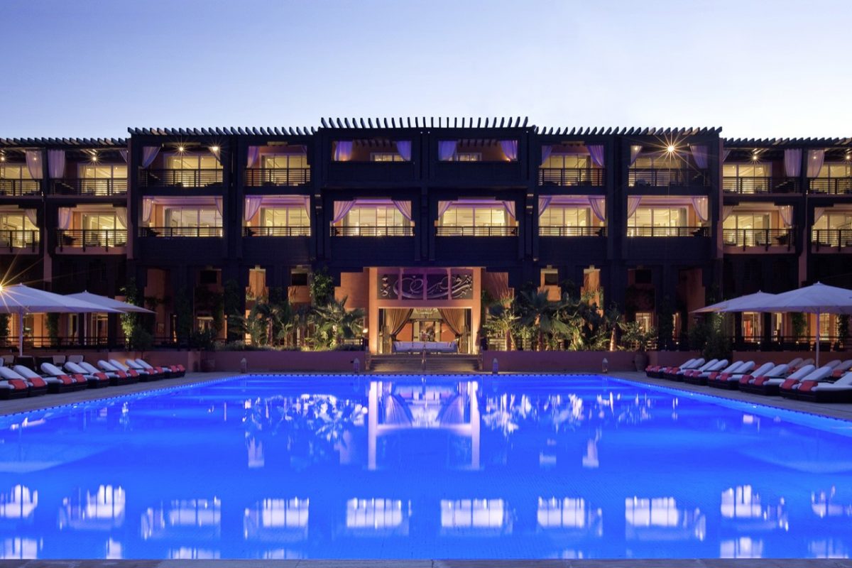 Evening view of the Hotel and Ryads Barriere Le Naoura, Marrakech, Morocco