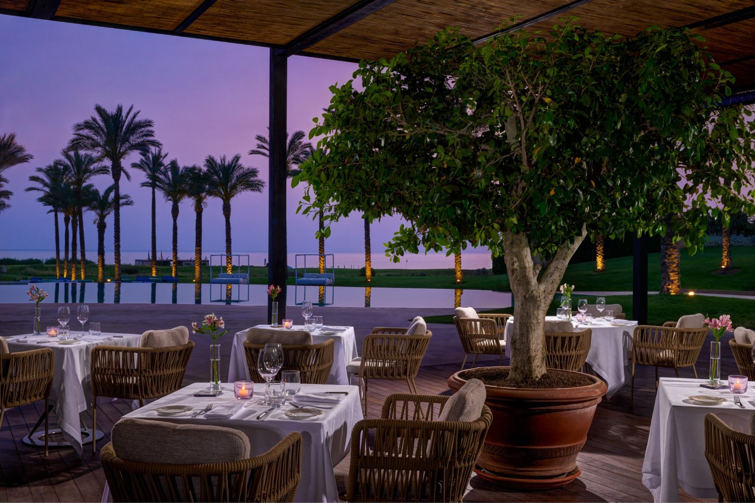 The Zagara restaurant terrace at Verdura Resort at dusk, beneath a spreading tree