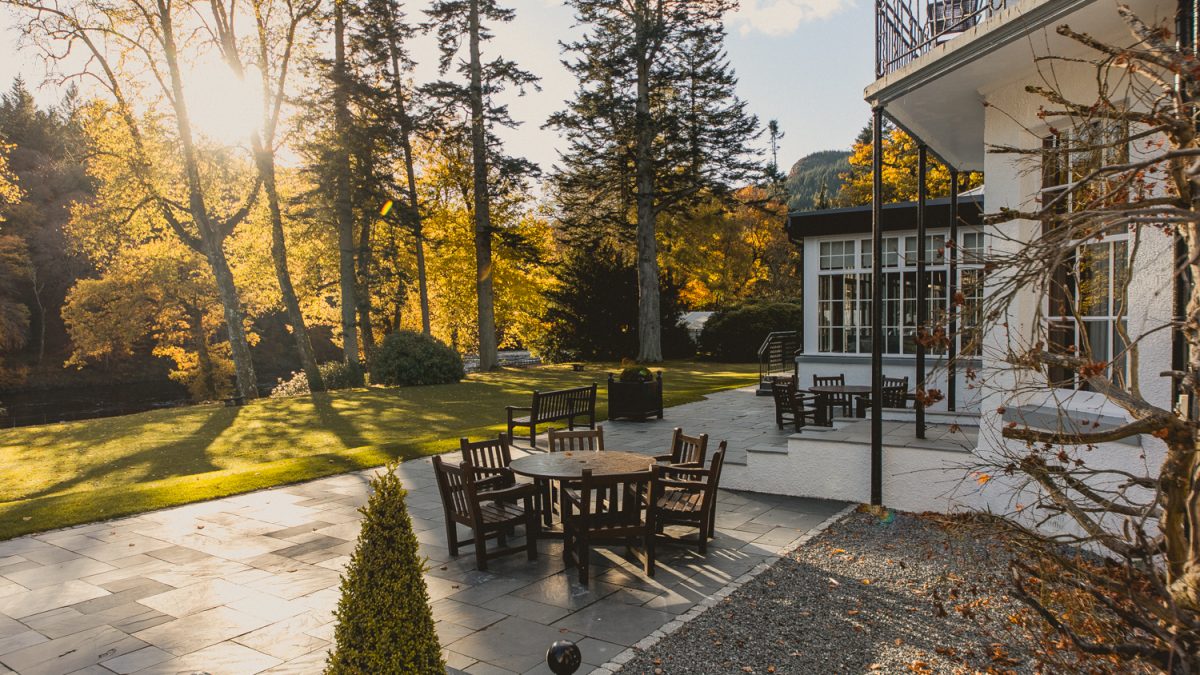 The patio at Dunkeld House Hotel, Perthshire, Scotland