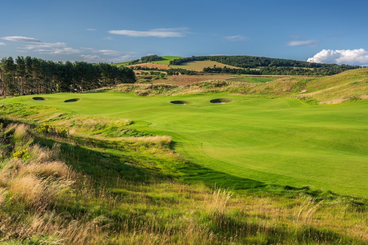 Pot hole bunkers are a feature of Dumbarnie Links golf course, Fife, Scotland