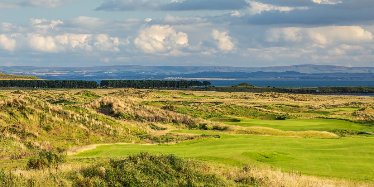 Looking inland from Dumbarnie Links golf course, Fife, Scotland