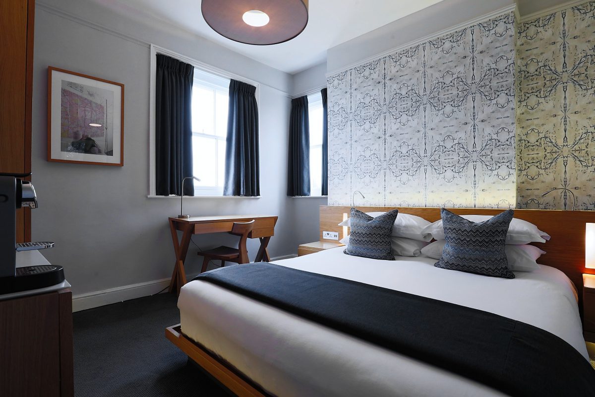 A double bedroom at Malmaison Hotel, Cheltenham, England