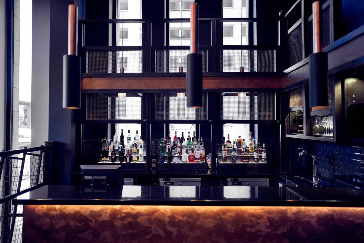 Well-stocked bar at the Malmaison Hotel, Liverpool, England