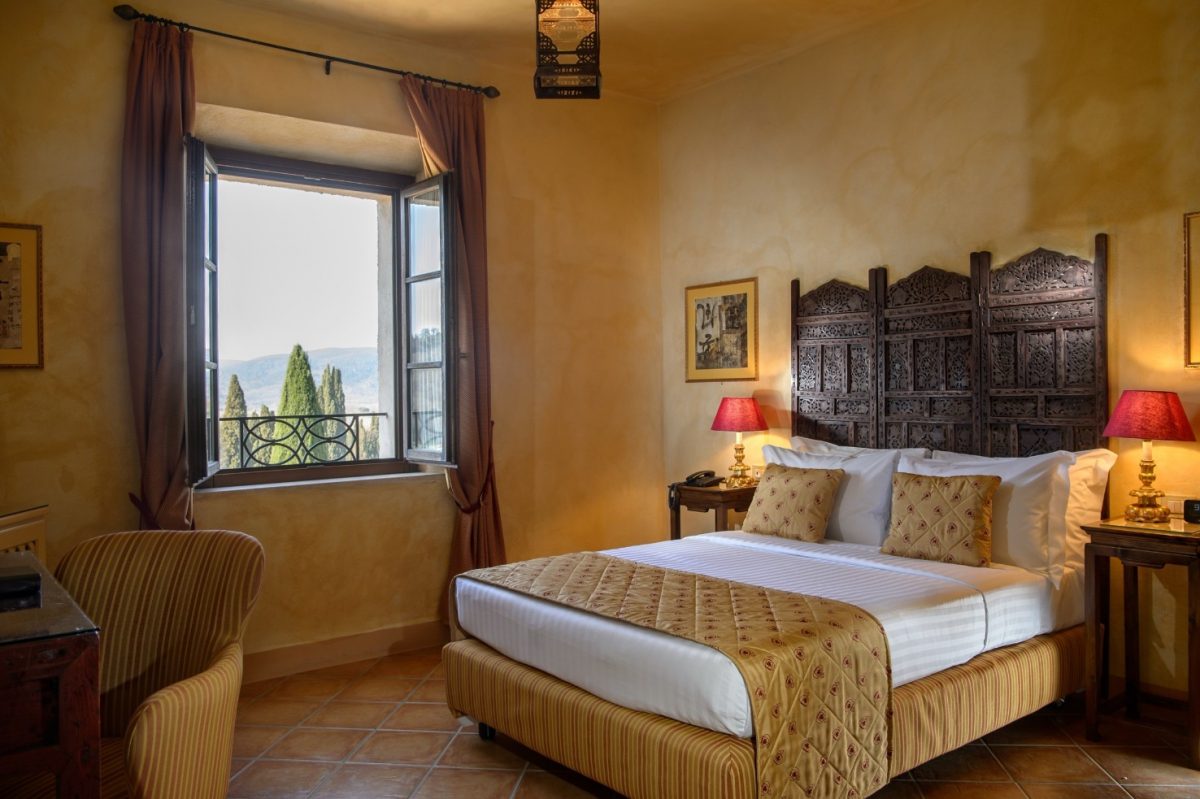 A double superior bedroom at La Bagnaia Golf and Spa Resort, Siena, Tuscany