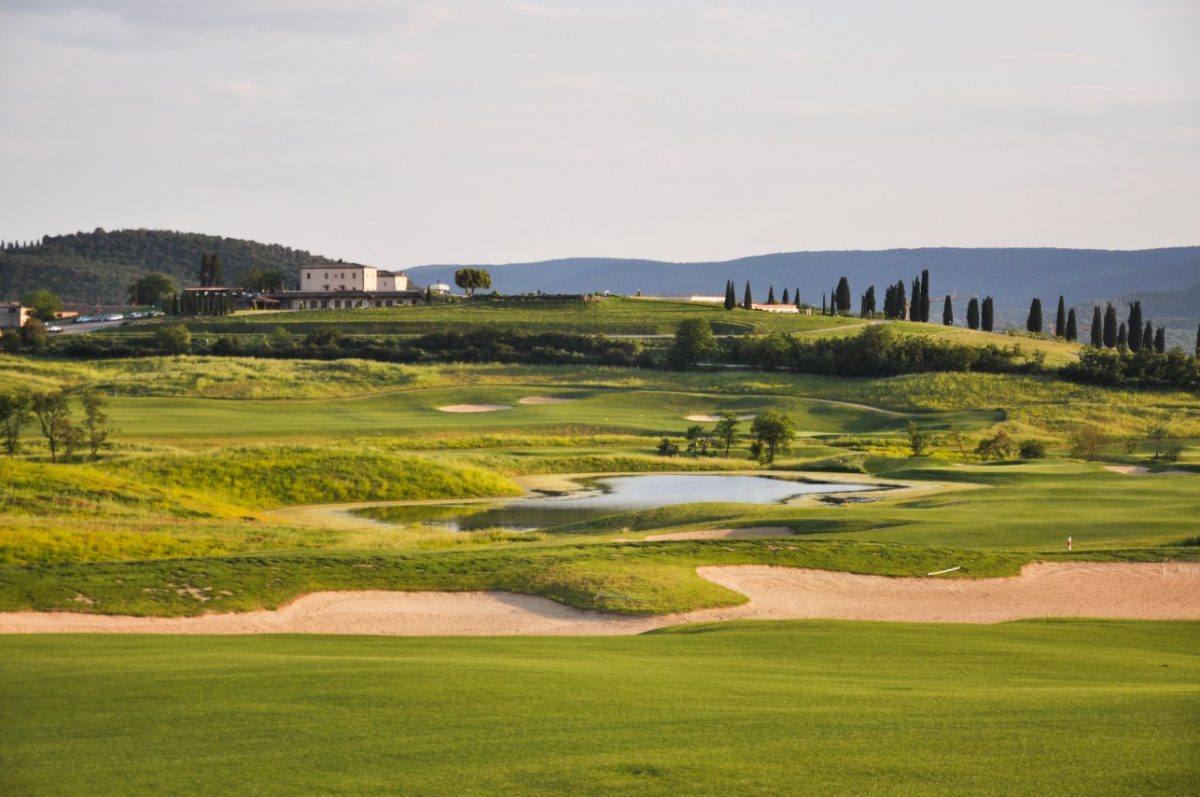 Looking up to the La Bagnaia Golf and Spa Resort, Siena, Tuscany from the golf course