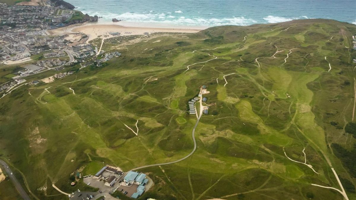 Aerial view over Perranporth Golf Club, North Cornwall, England