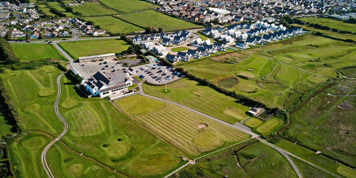 Aerial view of the clubhouse at Royal North Devon Golf Club, United Kingdom